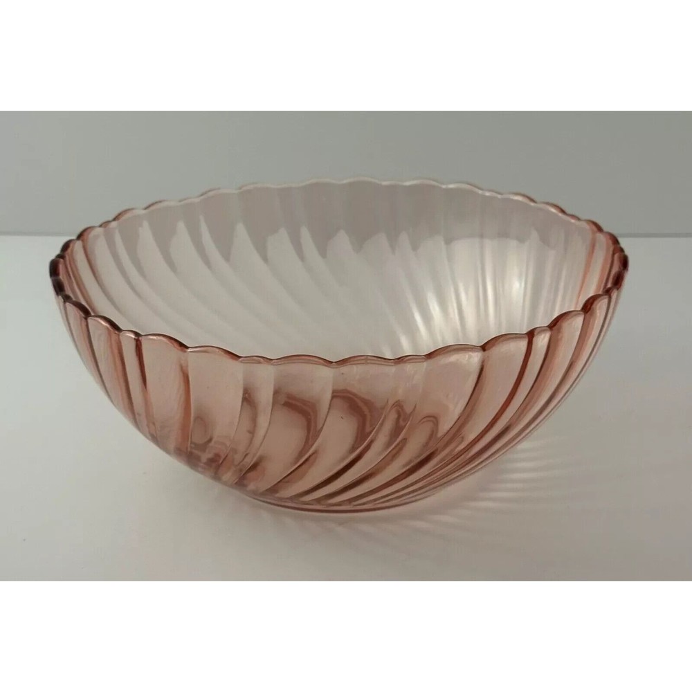 Vintage Arcoroc Rosaline Pink Swirl Glass Scalloped Serving Bowl 9" France‎